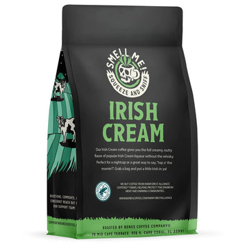 Bones Coffee Company Irish Cream Ground Coffee Beans, Nutty Flavor, Low Acid Flavored Coffee, Made With Arabica Coffee Beans, Me