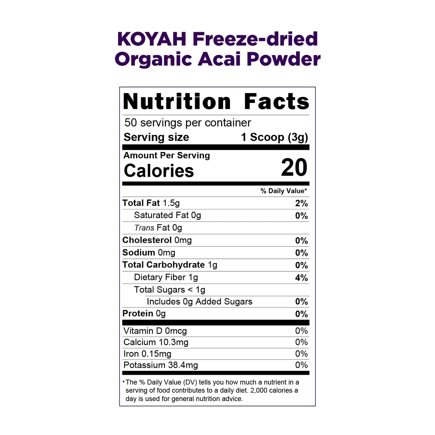 Koyah - Organic Acai Powder (150G - 50 Servings): Brazil Grown, Freeze-Dried, 100% Pure, No Citric Acid Added, Great In Smoothies And Bowls