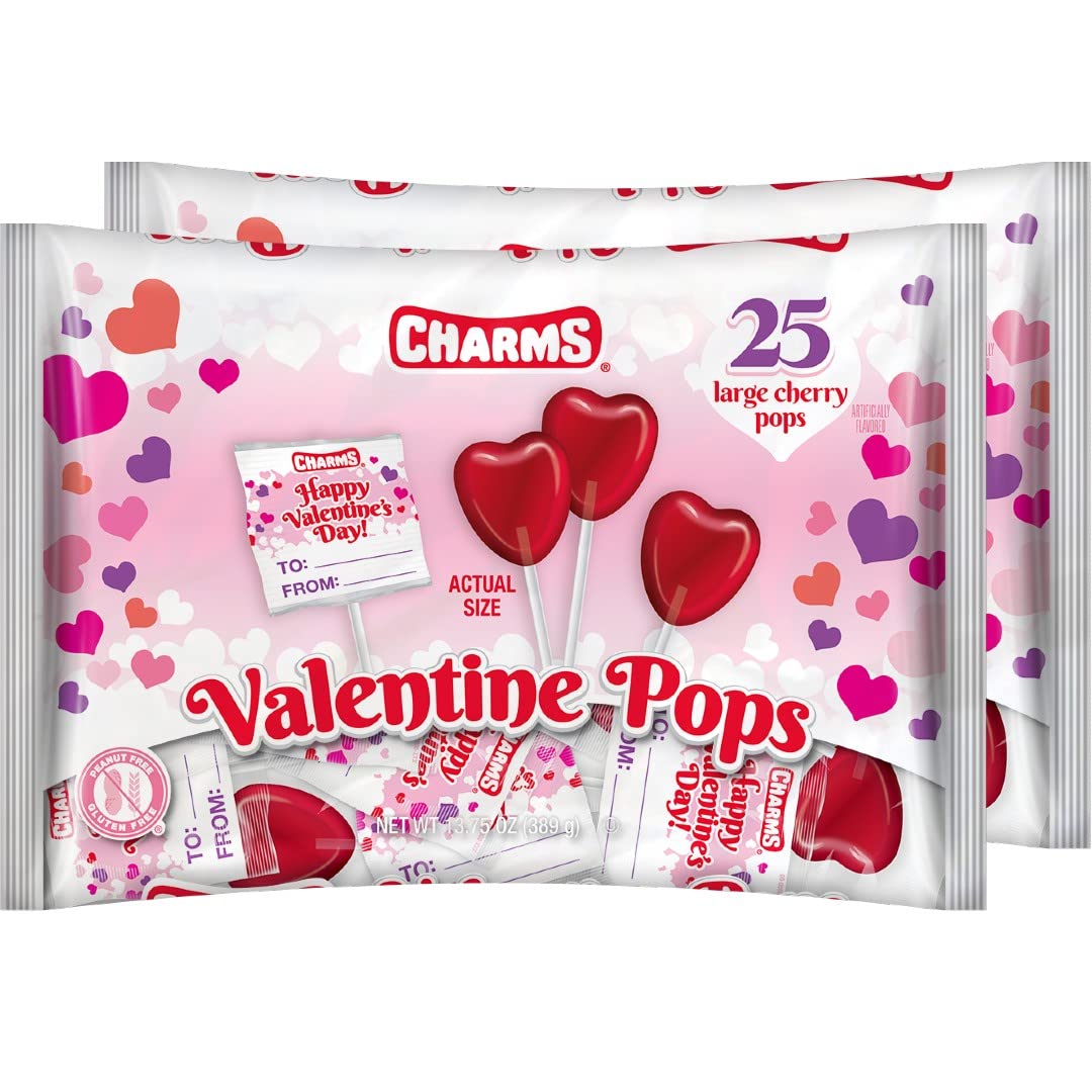 Charms Cherry Valentine Pops 25 Count Bag - 2 Pack Total 50 Lollipops Cherry Heart Shape With Valentine'S Wrappers