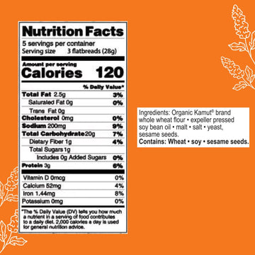 Suzies Kamut Sesame Flatbread Crackers| Pack of 12 | Low-Fat & Vegan, Kosher, Whoelgrain | Low Carb Healthy Snack Option | 4.5