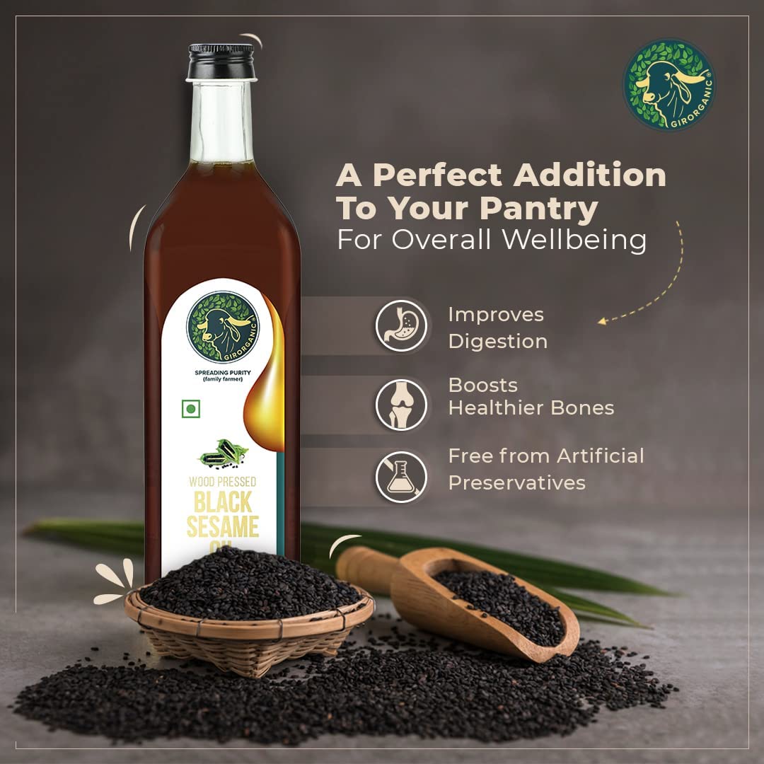 Girorganic Wood Pressed Black Sesame Oil-1Litre Glass Bottle,Unrefined/Unfiltered Cold Pressed Virgin Oil,Kacchi Ghani/Gingelly