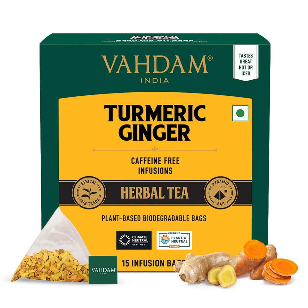 Vahdam Turmeric Flavor Blendger Herbal Tea Bags (15 Pyramid Tea Bags) Energy Blend Free Non Gmo Gluten Free | 100% Pure Herbal Blend - Savory & Spicy | Individually Wrapped Pyramid Tea Bags | Direct From Source