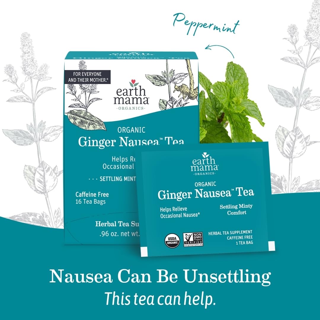 Earth Mama Organic Ginger Nausea Tea | Comforts Occasional Nausea + Morning Sickness, 16 Teabags Per Box (3-Pack)