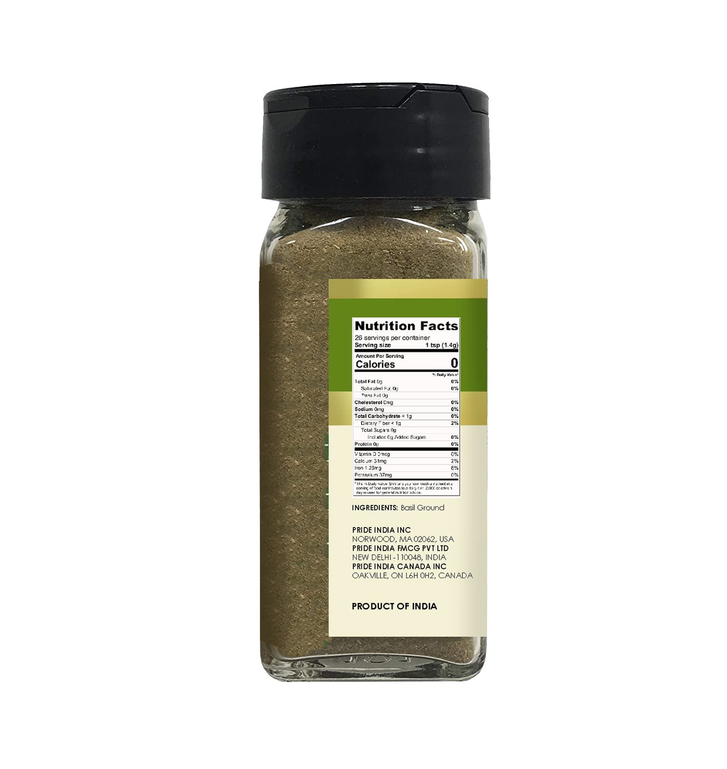 Pride Of India Basil Leaf Powder - Gourmet Culinary Spice - 1.6 oz Dual Sifter Jar