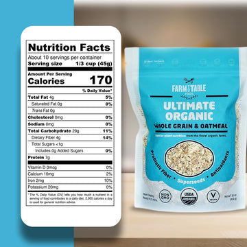 Farm To Table Foods Ultimate Organic Whole Grain Oatmeal - High-Protein, Plant-Based, Unsweetened, Non-Gmo - 3-Pack (16 Oz. Bags
