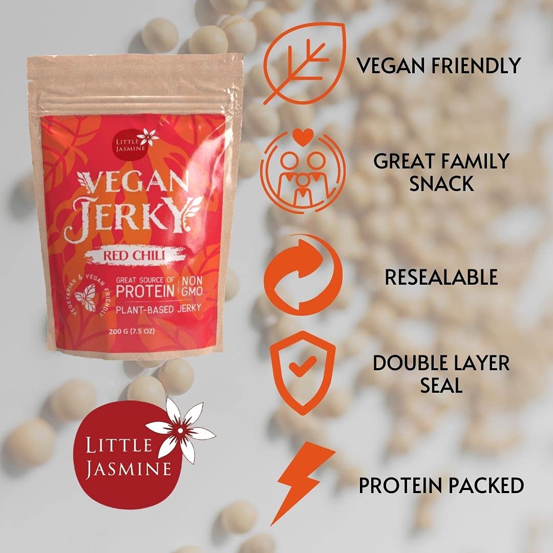 Little Jasmine Vegan Jerky, Red Chili Flavor, Plant Based Protein, Vegetarian Food, 7.5 Oz