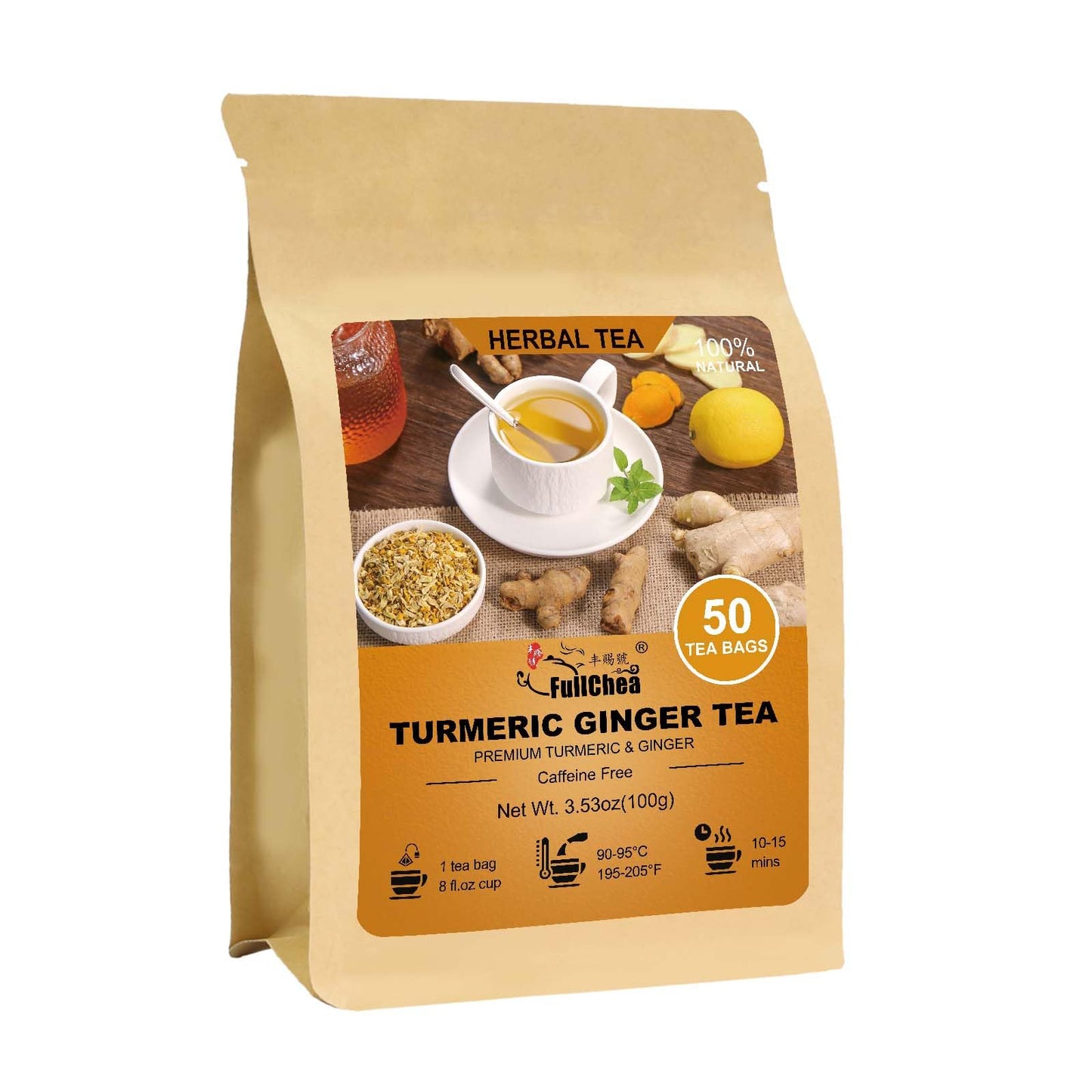 Fullchea - Turmeric Flavor Blendger Tea Bags 50 Count 2G/Bag - Top-Grade Turmeric & Flavor Blendger- Non-Gmo - Energy Blend-Free - Boost Immunity & Aid Digestion