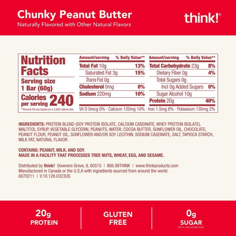 think! Protein Bars, High Protein Snacks, Gluten Free, Kosher Friendly, Chunky Peanut Butter, Nutrition Bars, 2.1 Oz per Bar, 10