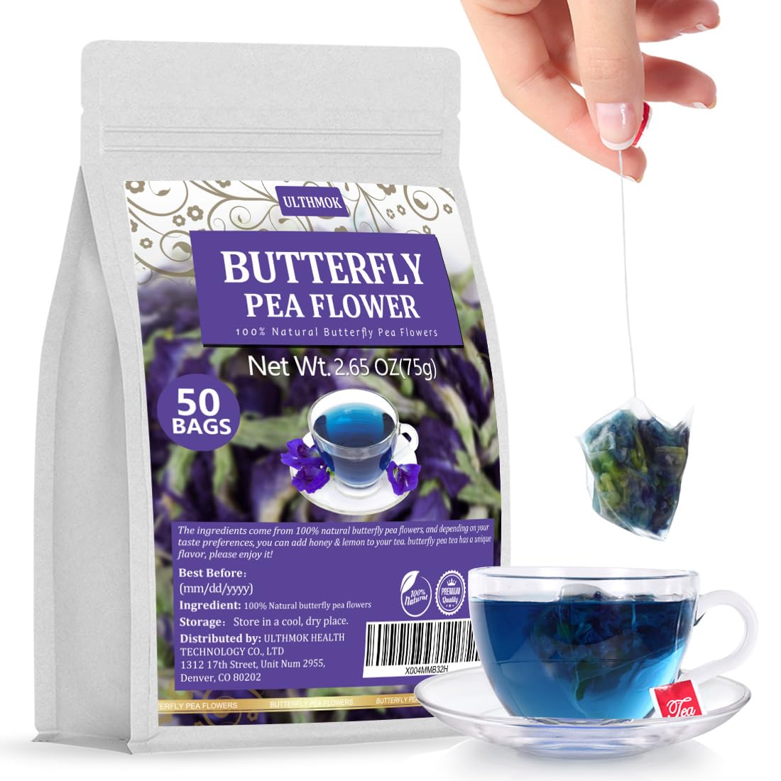 50 Top-Grade Butterfly Pea Flower Tea Bags Made With 100% Natural Butterfly Pea Flowers No Additives & Energy Blend Free.