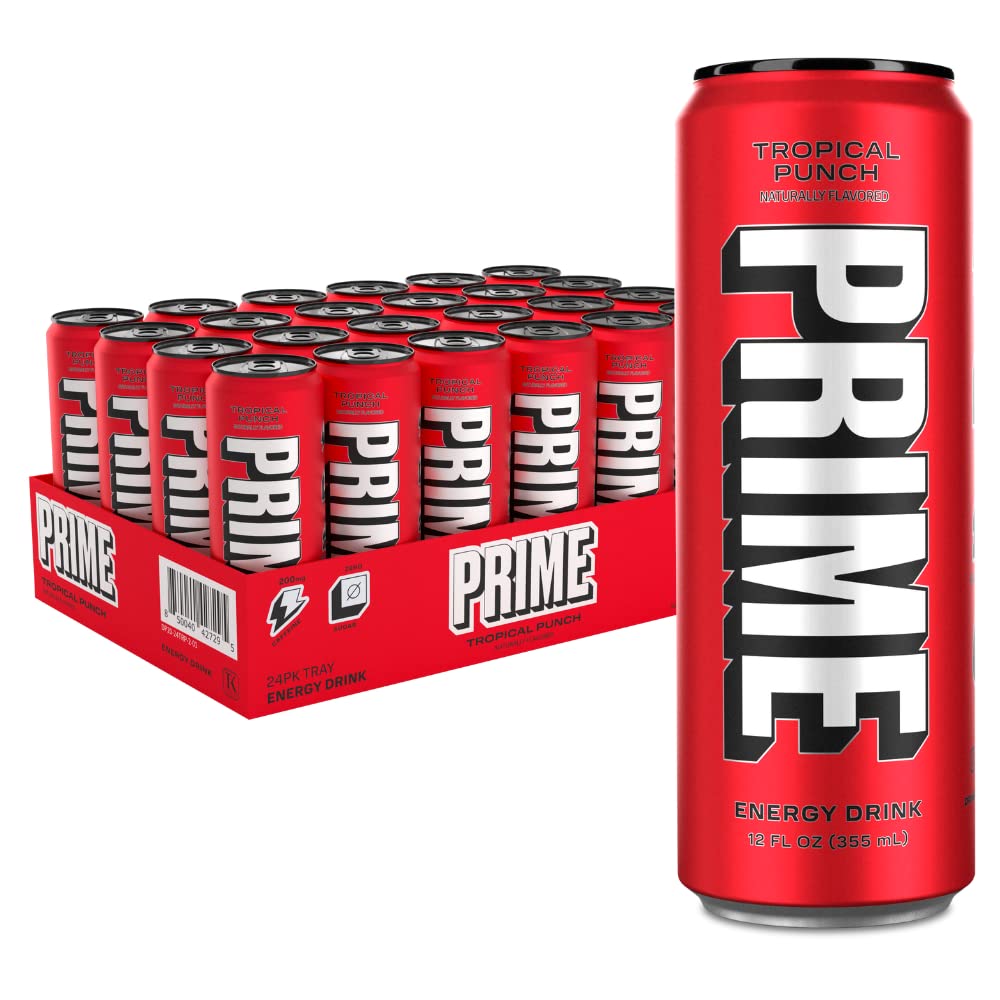 PRIME HYDRATION Energy Drink - Tropical Punch, Vegan, Gluten Free, 12 Fl Oz, 24 Pack, Model DP-ED24TRP