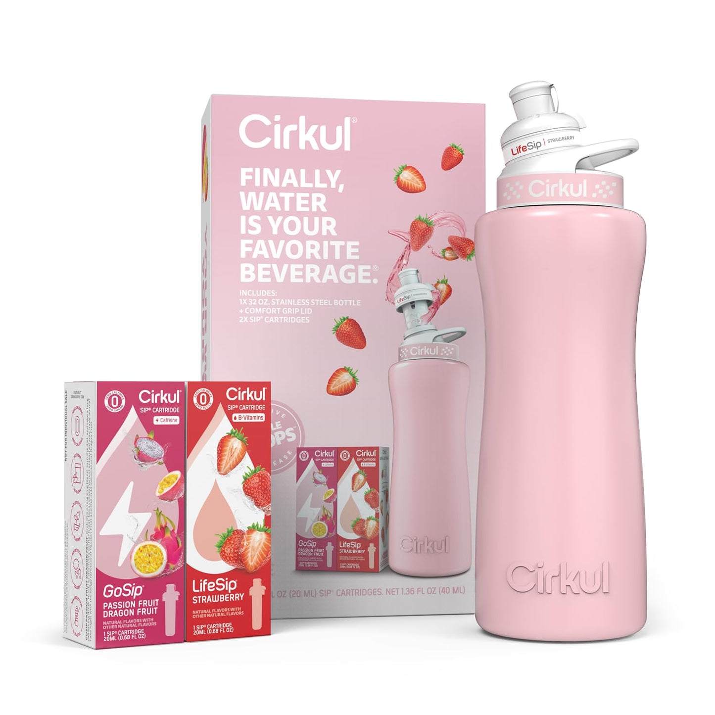 Cirkul 32oz Blush Pink Stainless Steel Water Bottle Starter Kit with Pink Lid and 2 Flavor Cartridges