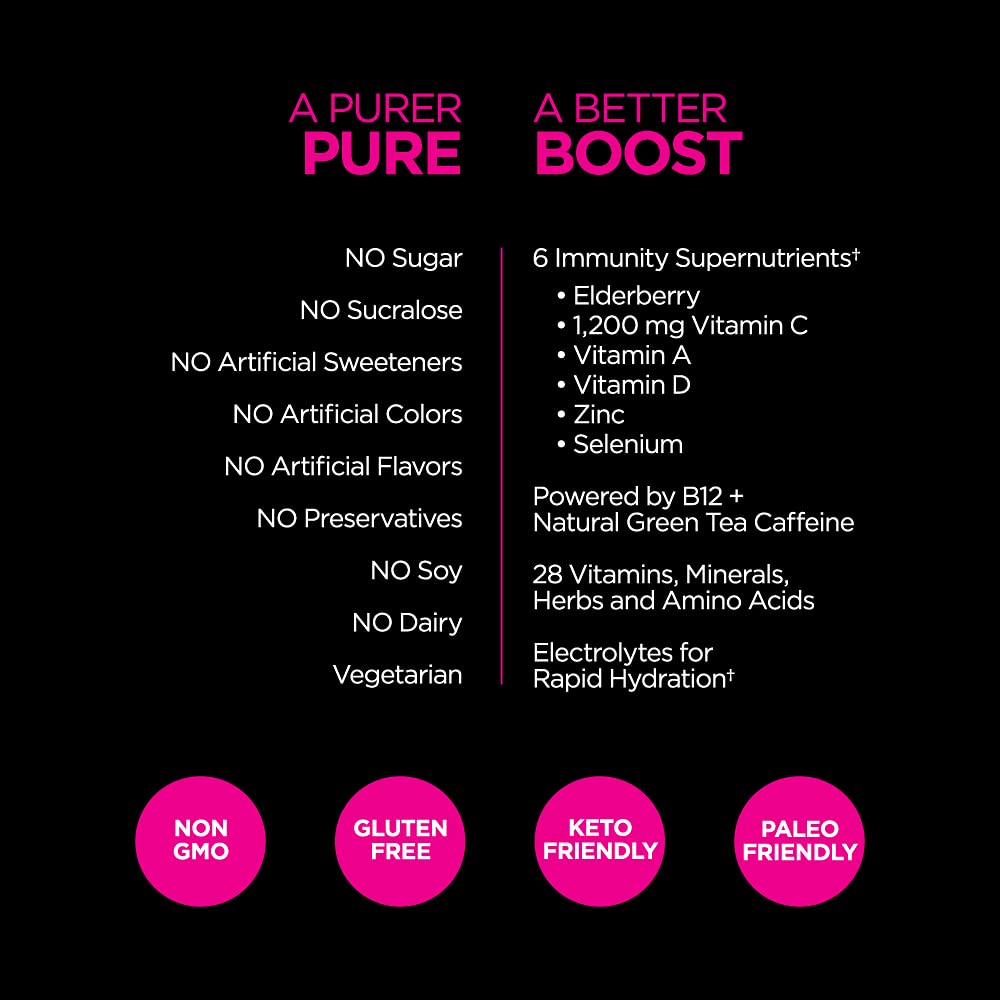 Pureboost Immune Clean Energy Booster Refreshing Energy Drink Mix and Immunity dietary product with Elderberry 1 200 mg Vitamin C Vitamins A + D and Zinc. (Elderberry Power 30 Count)