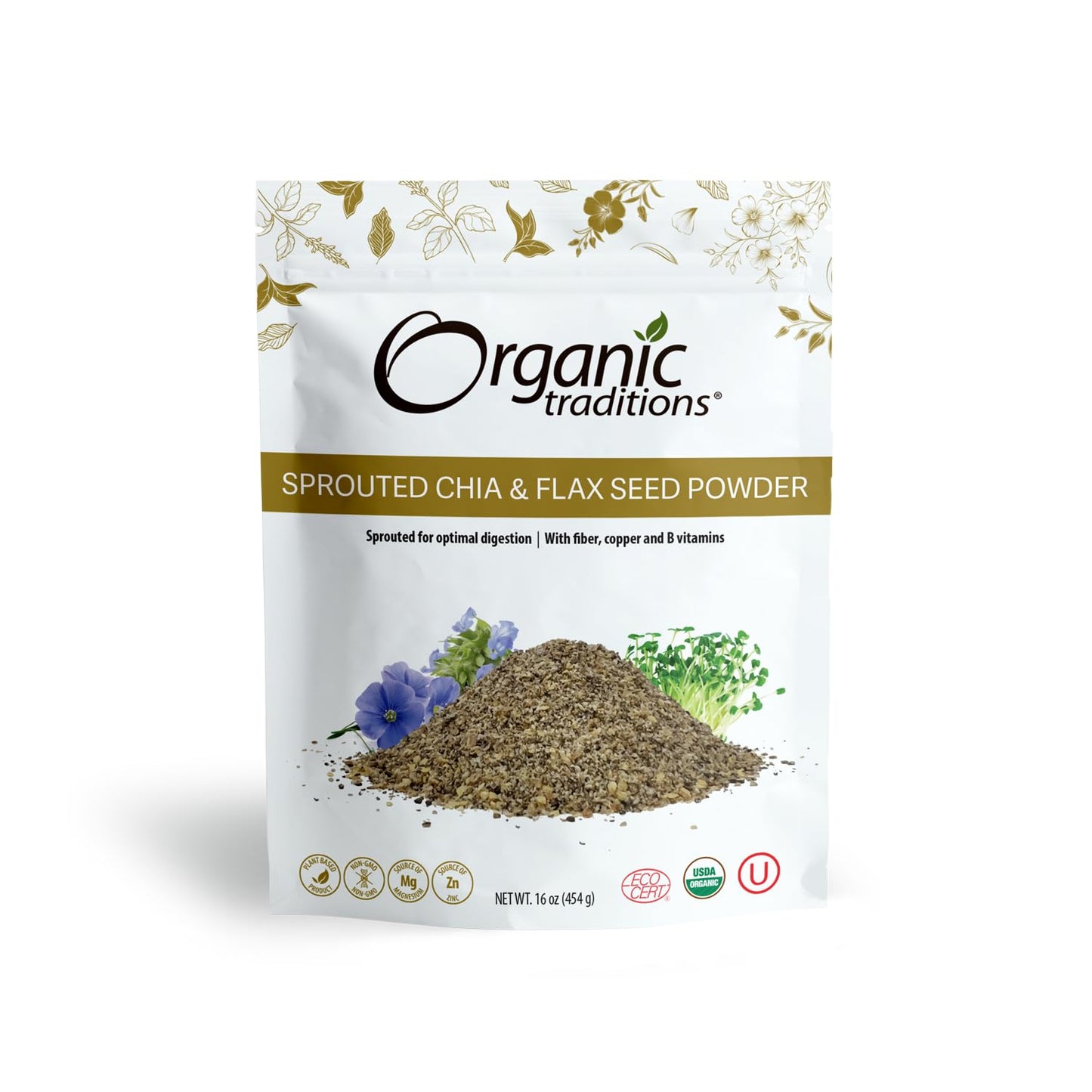 Organic Traditions Sprouted Chia And Flax Seed Powder Organic Chia And Organic Flax For Plant Based Non-Gmo Superfood 454G/16Oz Bag
