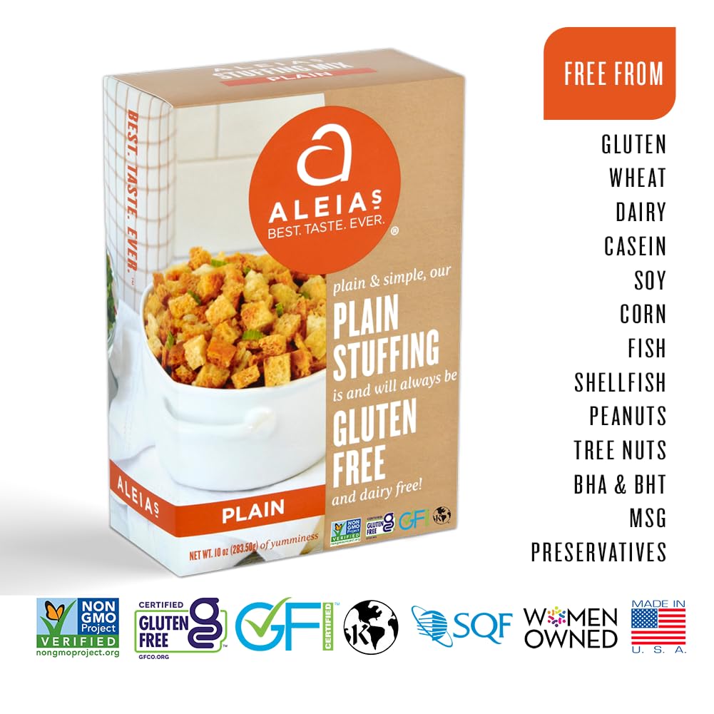 Aleia'S Best. Taste. Ever. Plain Stuffing Mix - 10Oz / 2 Pack – Authentic Taste, Classic Stuffing For Gluten Free Recipes, Certified Gluten Free, Non-Gmo, Corn Free, Soy Free, Dairy Free, Low Sodium