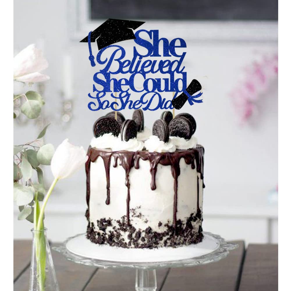 Moitkptt Graduation Cake Topper, She Believed She Could, Cardboard, Blue, 2024 Party Supplies