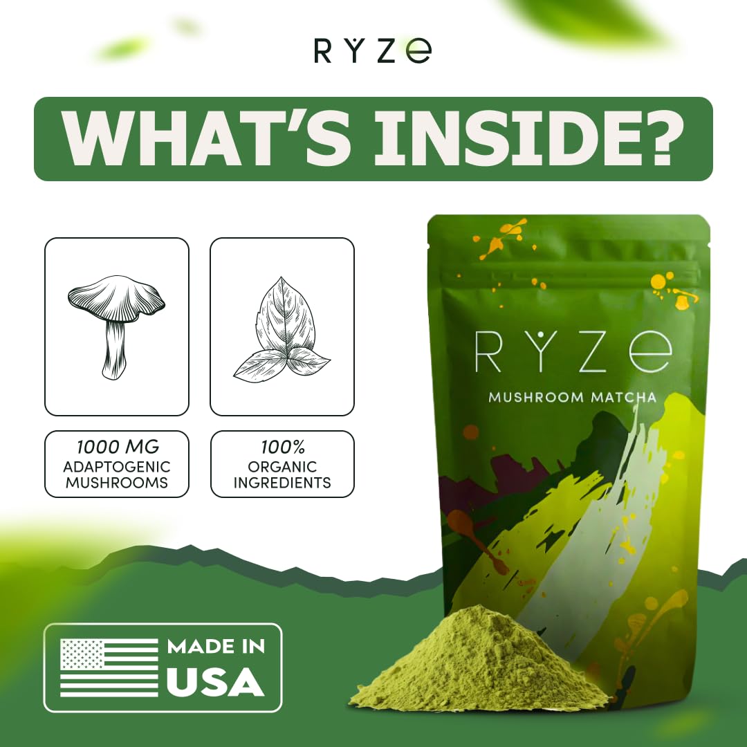 Ryze Mushroom Matcha, Usda Organic With 6 Adaptogenic Mushrooms And Ceremonial-Grade Japanese Matcha For Energy, Focus, Digestio