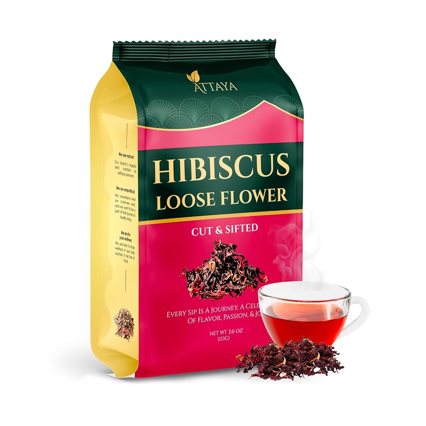 Attaya Natural Loose Hibiscus Flowers Cut & Sifted 16Oz | 100% Pure Dried Energy Blend-Free | Antioxidant-Rich For Wellness & Relaxation.