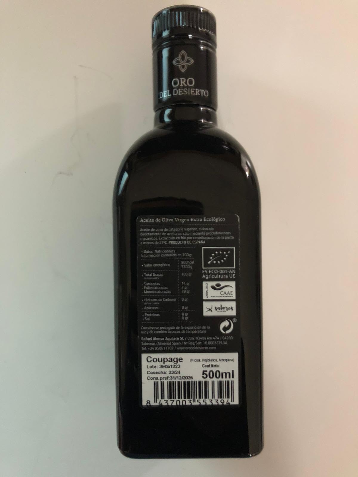 Oro Del Desierto Coupage 2020 Harvest Organic Spanish Extra Virgin Olive Oil - 0.5 Liter / 16.9 Ounce Bottle