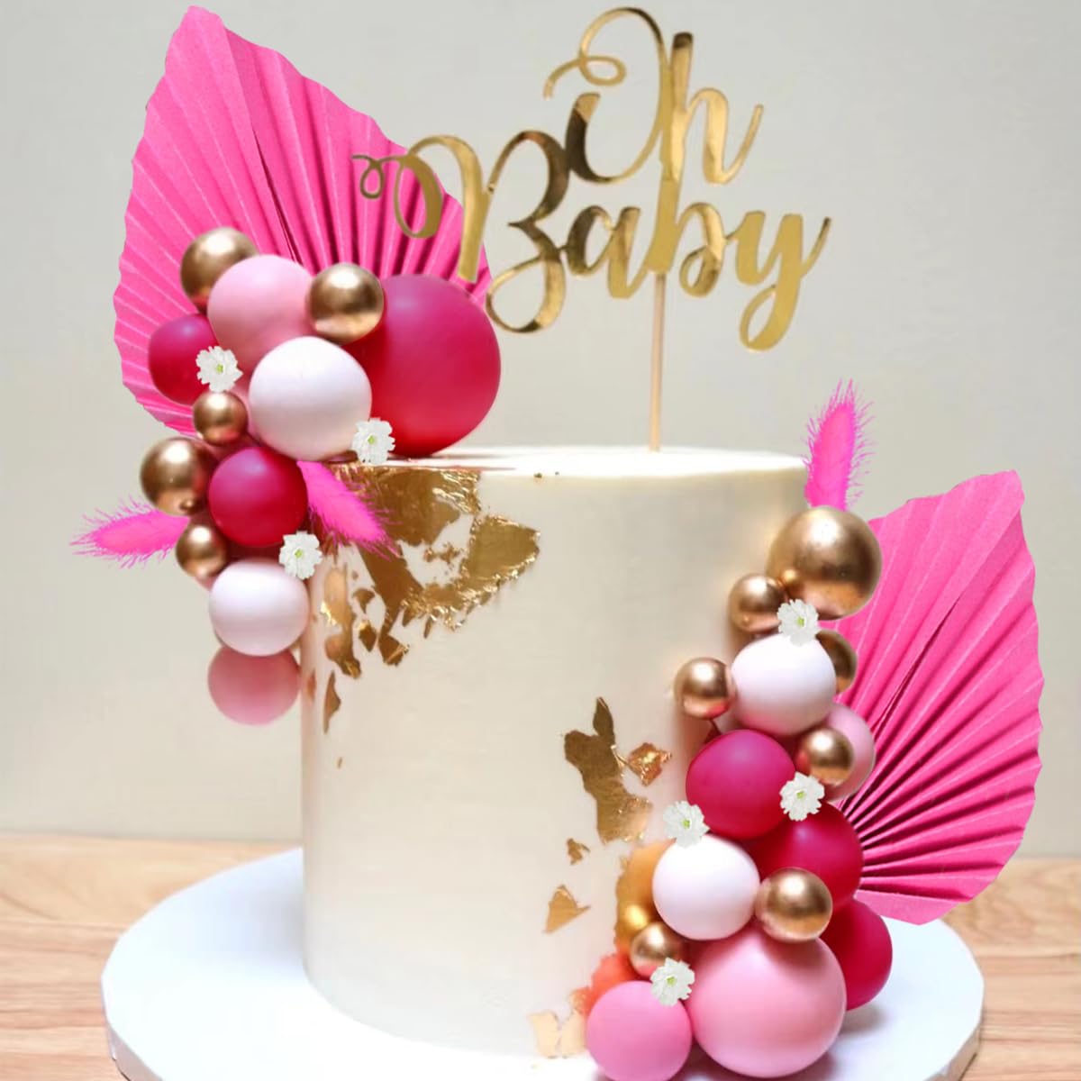 Flower Cake Topper Gold Palm Leaves Balls Cake Decoration For Baby Shower Birthday Party (Hot Pink)
