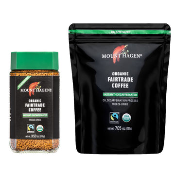 Mount Hagen Jar + Resealable Pouch Decaf Organic Freeze Dried Instant Coffee - Combo Pack | Eco-friendly, Fair-Trade, Medium Roa