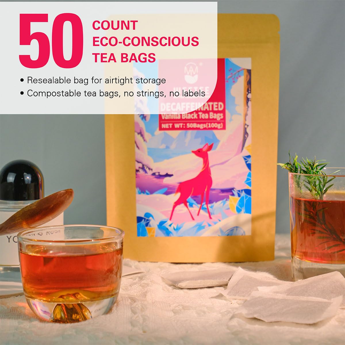 WT WEETEE Organic Decaf Black Tea with Vanilla Flavor, 50 Count Tea Bags