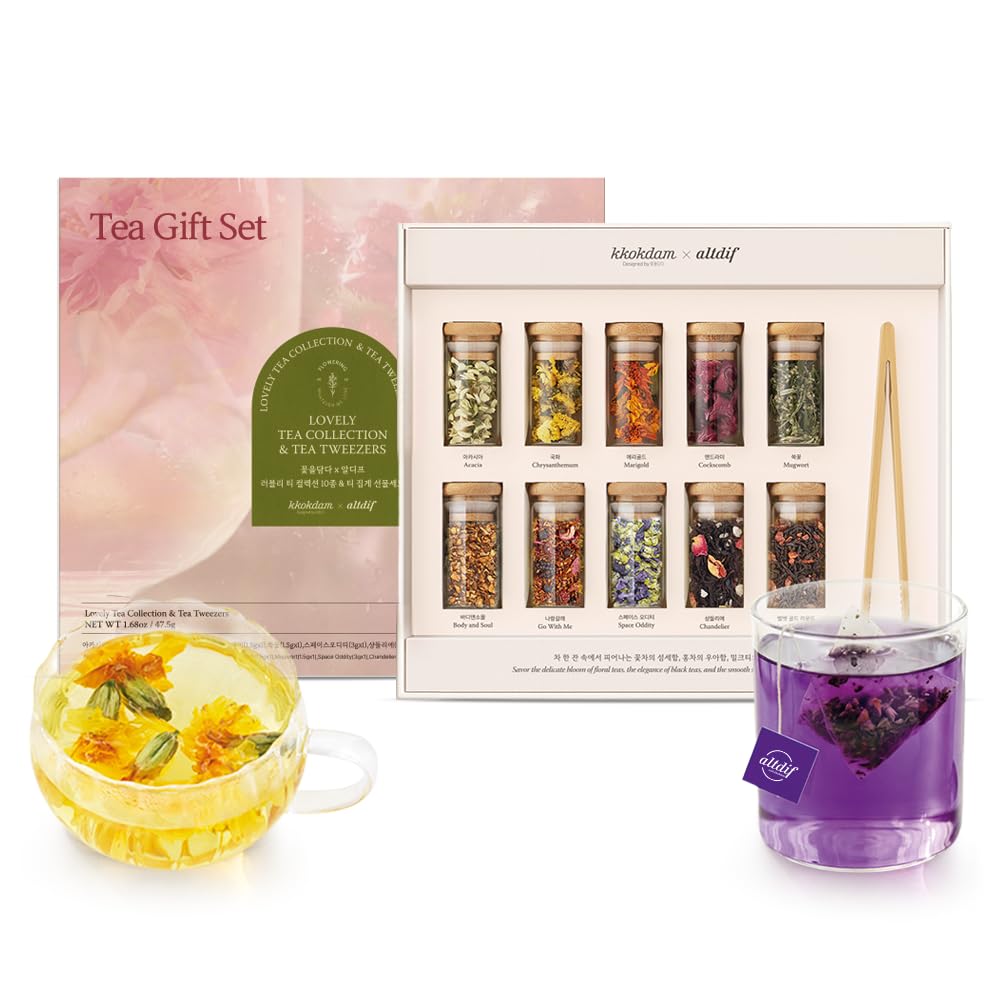 Kkokdam Top-Grade 10-Tea Sampler Gift Set With Wooden Tweezers - 5 Blooming Flower & 5 Blended Loose Leaf Teas - Unique Korean Gift Box For Women Mom & Tea Lovers - 1.68Oz Variety Pack