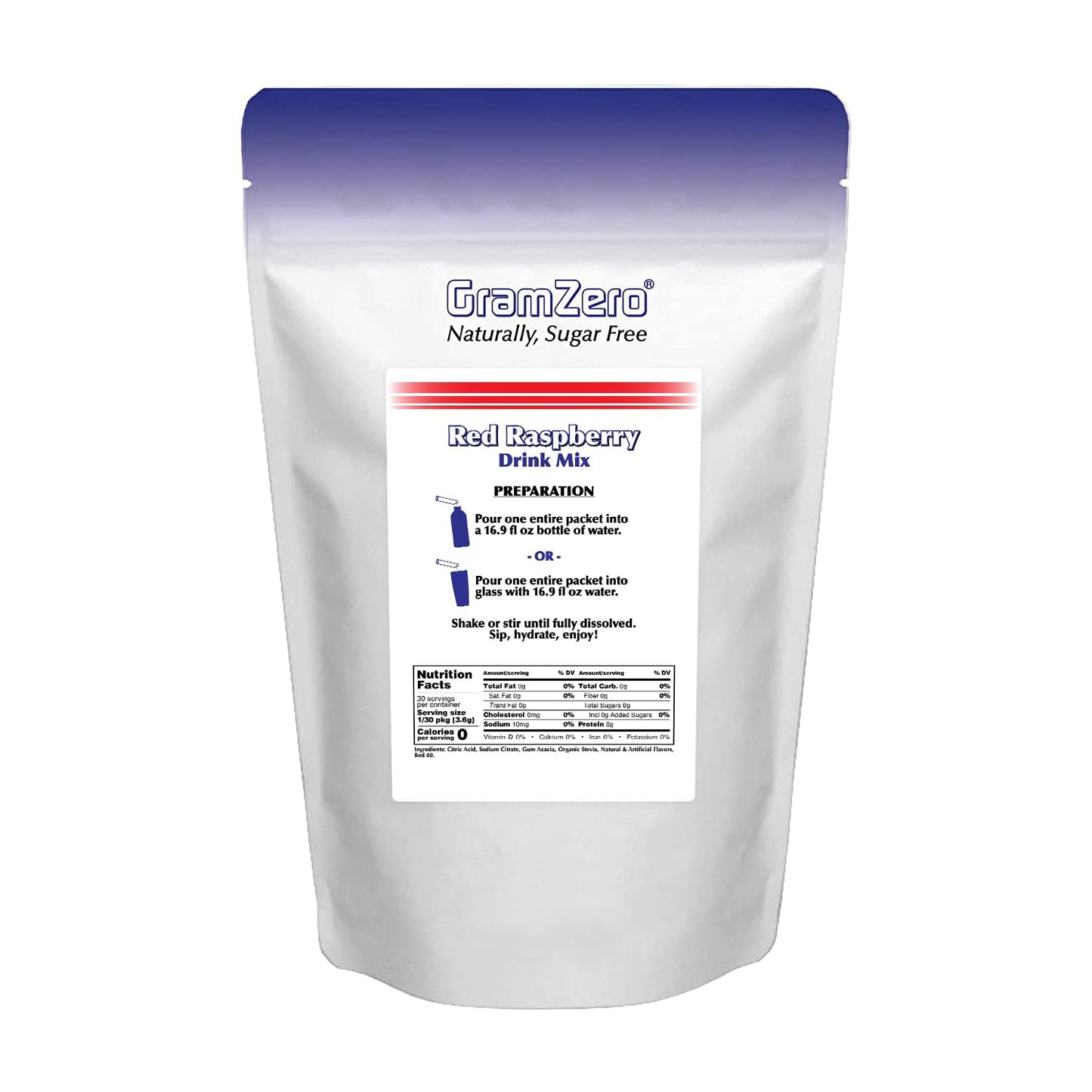 GramZero 2GO Sticks - Sugar Free Red Raspberry Drink Mix, Stevia Sweetened, 0.13 Ounce (Pack of 30)