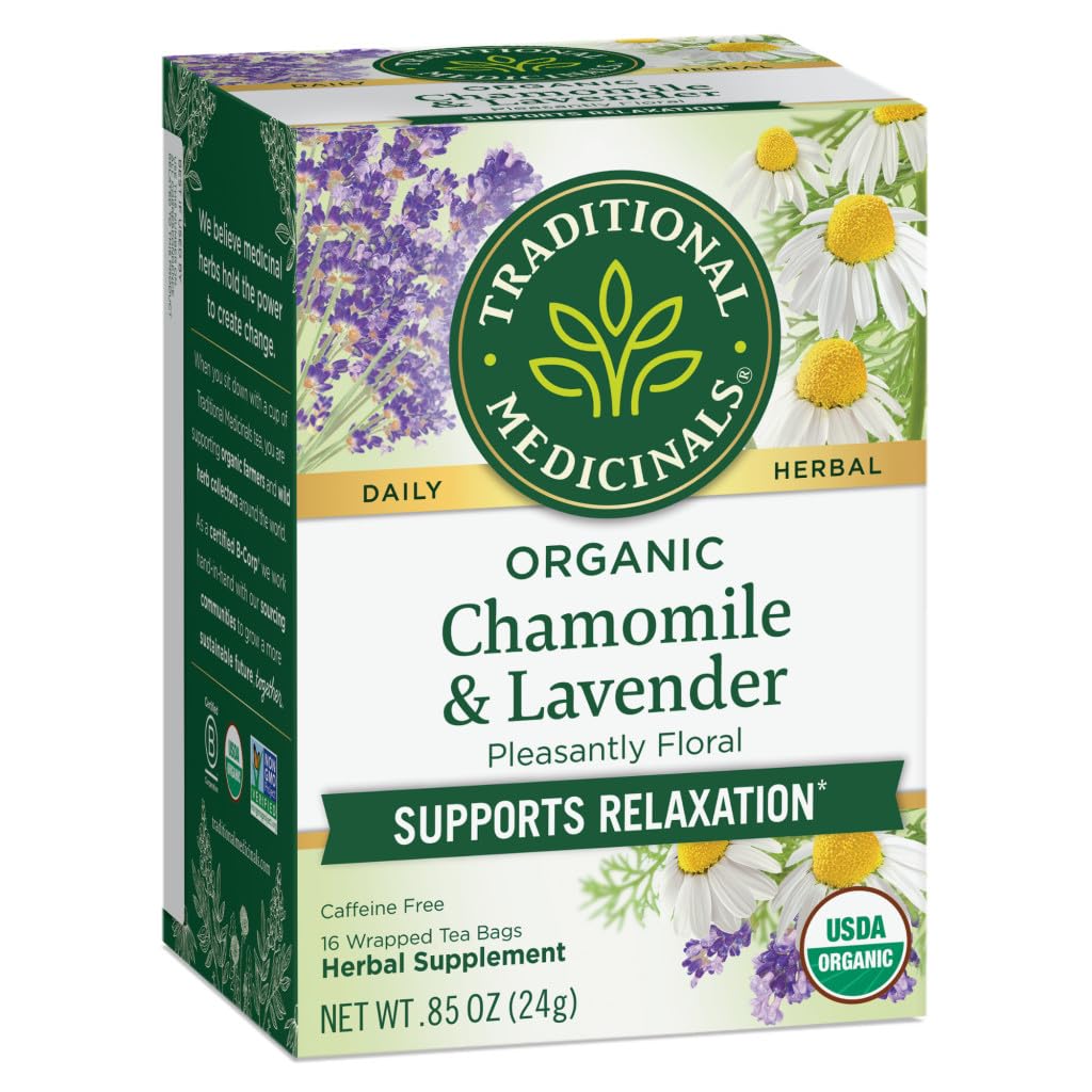 Traditional Medicinals Organic Chamomile & Lavender Herbal Tea, Settles Nervous System, 16 Count