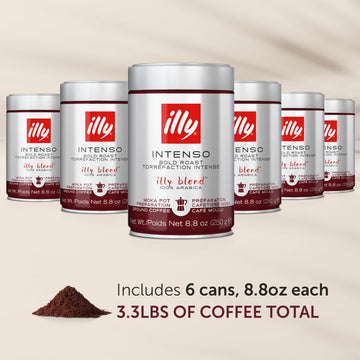 Illy Ground Coffee Moka - 100% Arabica Flavored Coffee Ground - Rich Aromatic Coffee Grounds Profile – Intenso Dark Roast – Warm Notes Of Cocoa & Dried Fruit - No Preservatives – 8.8 Ounce, 6 Pack
