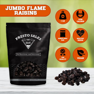 Raisins, Jumbo Flame, Packaged In A 1 Lb. (16 Oz.) Resealable Pouch Bag, Usa, Great Trace Mineral, Boron, In The Diet, Vegan, No Added Sugar, Energy Boost Snack, Luscious, Kids And Adults, Seedless By Presto Sales Llc