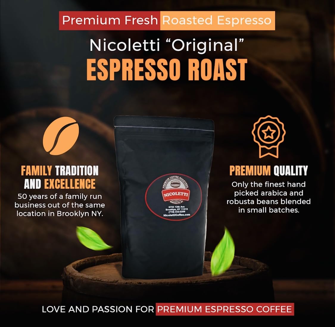 Nicoletti Coffee Original Espresso Roast 12oz Whole Beans (Made in Brooklyn since 1972) Fresh Roasted Espresso to order with dat