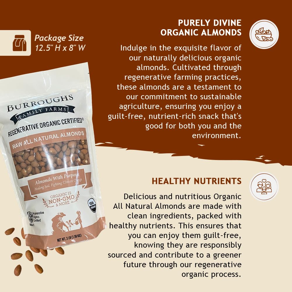 Burroughs Family Farms Organic Raw Almonds, 3 lb - Gluten-Free, Non-GMO, Vegan, Keto-Friendly, High Protein Nuts for Almond Milk