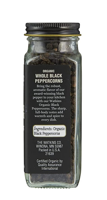 Watkins Gourmet Organic Whole Black Peppercorns, Non-GMO, Kosher, 2.6 oz Bottle