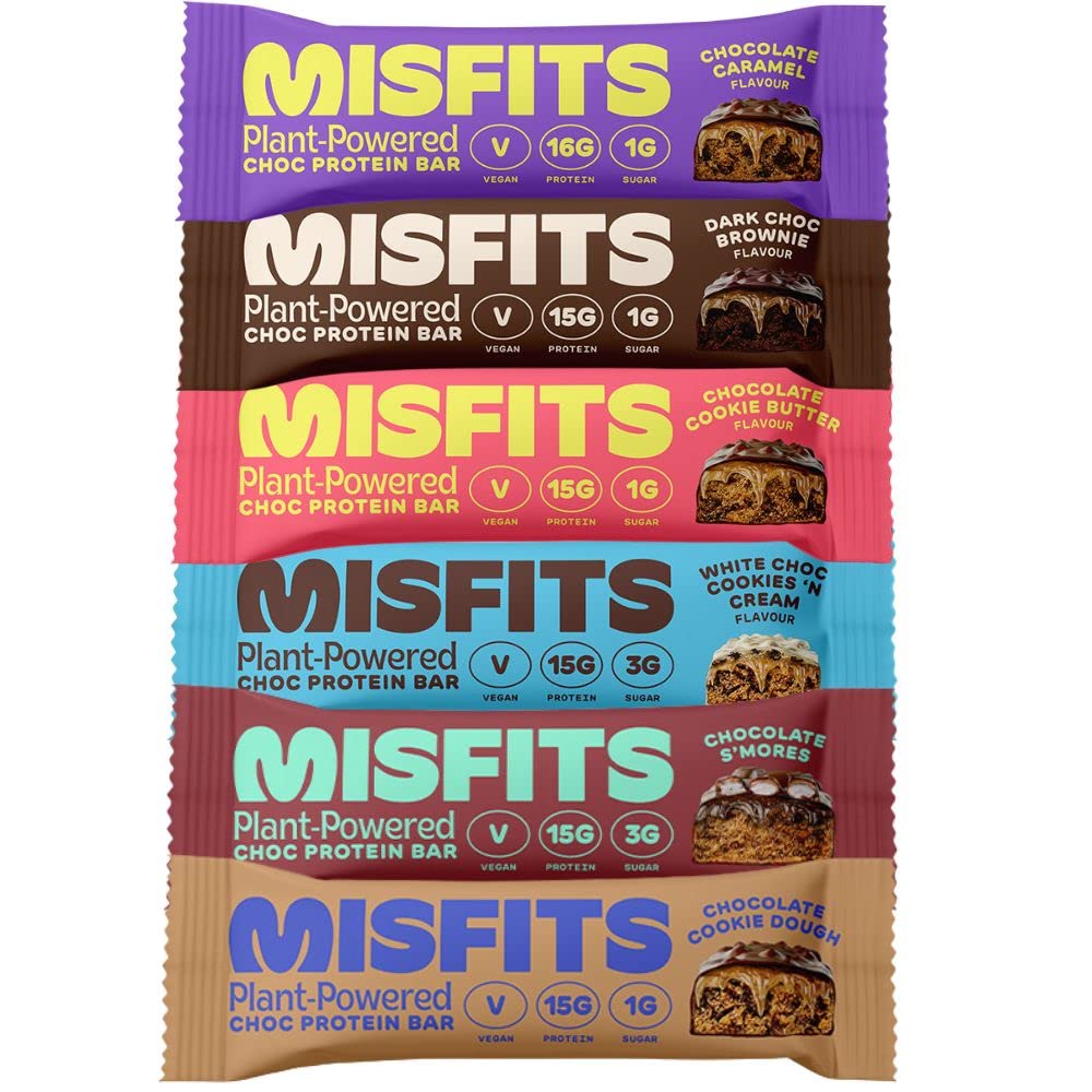 Misfits Vegan Protein Bar, Best Sellers Variety Pack, Plant Based High Protein Snacks With 15G Per Bar, Low Sugar, Low Carb, Glu