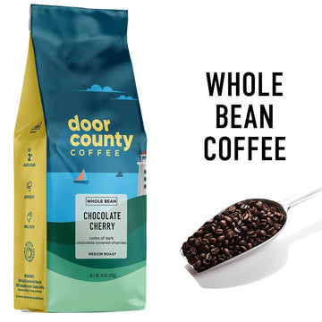 Door County Coffee - Chocolate Cherry, Chocolate Cherry Flavored Whole Bean Coffee - Medium Roast, 10 Oz Bag