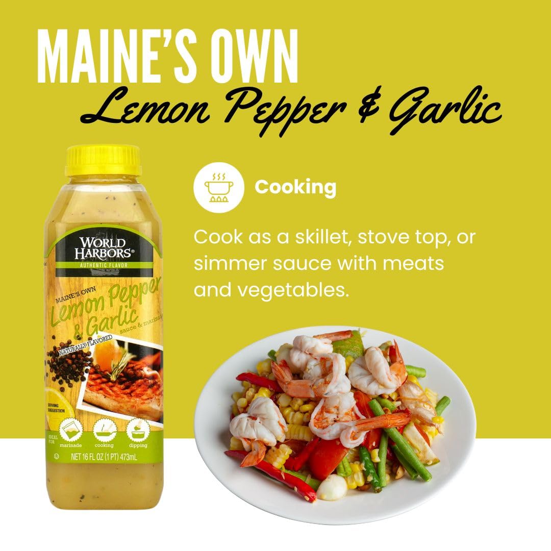 World Harbors Lemon Pepper Garlic Sauce & Marinade, 16 oz (Pack of 2), Ideal for Chicken, Seafood, Grilled Meats, and Salads
