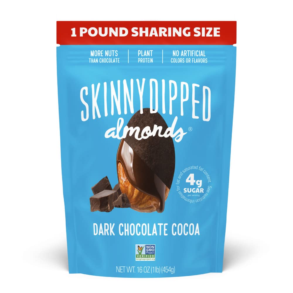 Skinnydipped Dark Chocolate Cocoa Almonds, Healthy Snack, Plant Protein, Gluten Free, 1Lb Resealable Bag, Pack Of 1