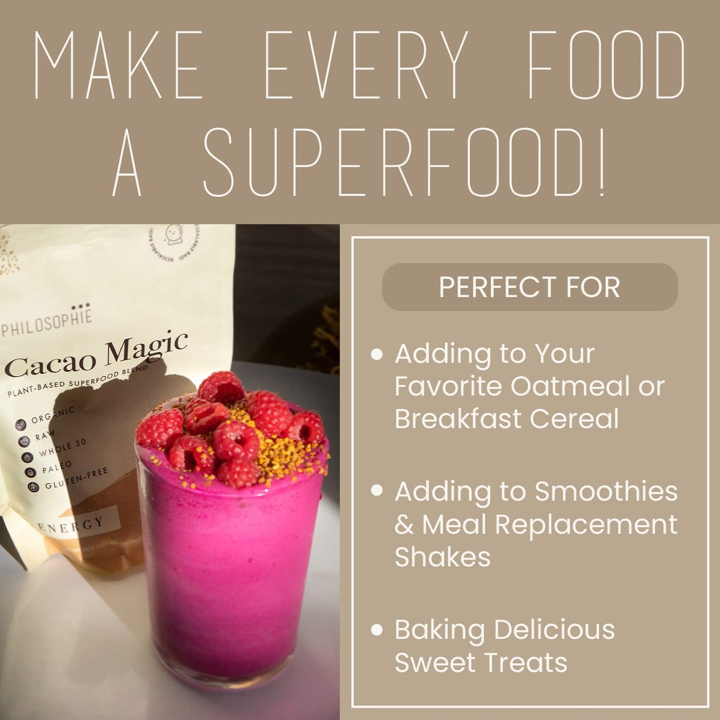 Philosophie Organic Cacao Magic Superfood Blend - Plant-Based Protein Powder, Unsweetened Vegan Chocolate, 8 Ounce
