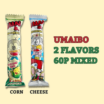 Japanese Corn Puffed Snacks Variety Pack, Corn Potage and Cheese Flavors, Umai Bo 60 Individually Wrapped Sticks (30 Corn, 30 Ch