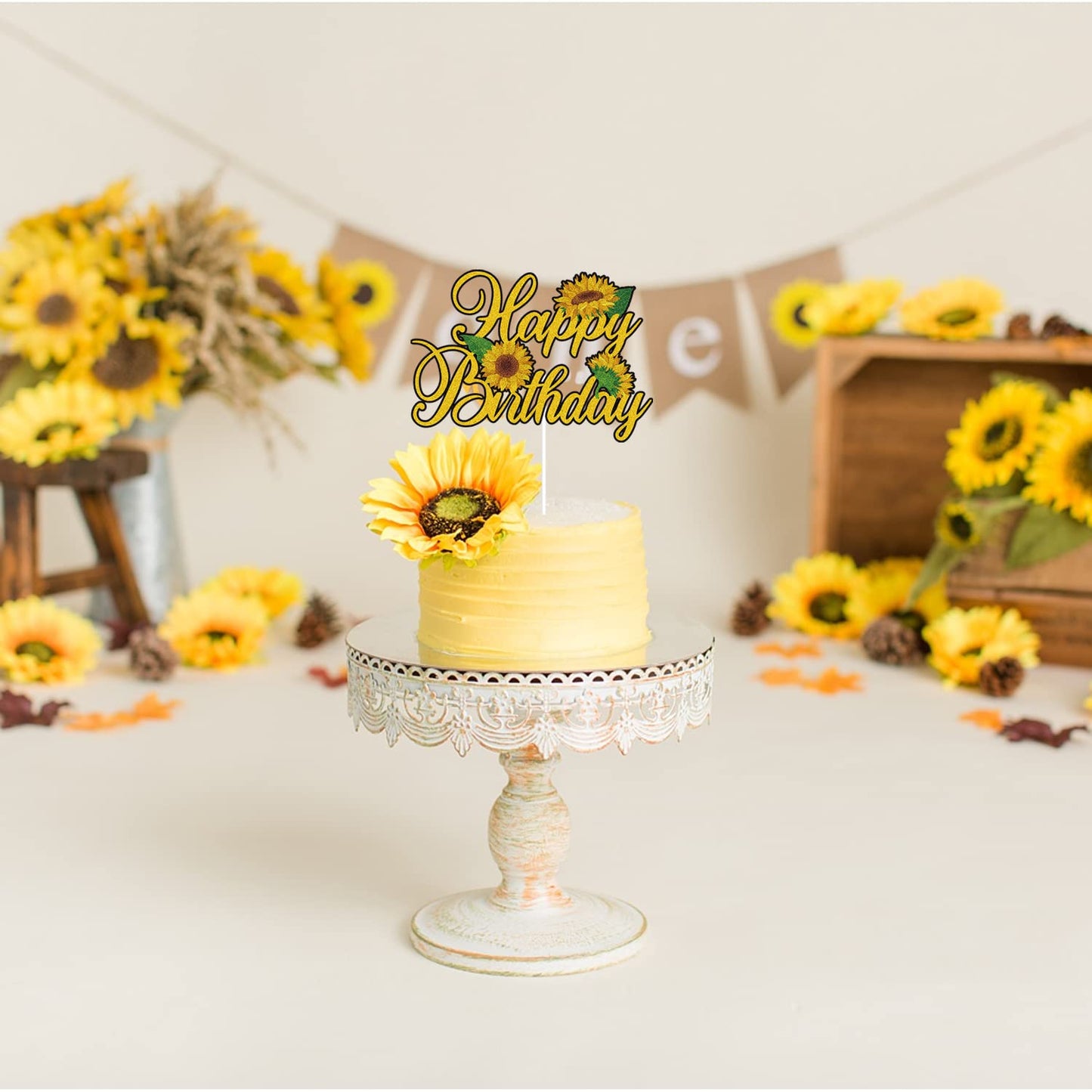 Sunflower Happy Birthday Cake Topper Gold Glitter Summer Theme Kids Boy Girl Birthday Party Supplies Decor