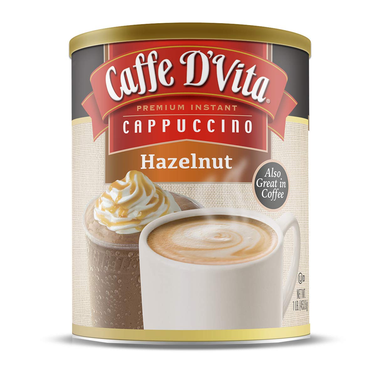 Caffe DVita Hazelnut Cappuccino - Instant Coffee Powder Mix, Gluten Free, No Cholesterol, No Hydrogenated Oils, No Trans Fat, 99% Caffeine Free - 16 Oz Can, 6-Pack