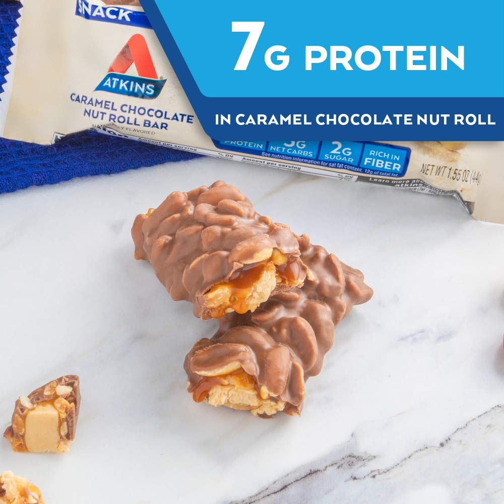 Atkins Caramel Chocolate Nut Roll Snack Bar, Protein Snack, High in Fiber, 2g Sugar, 8 Count
