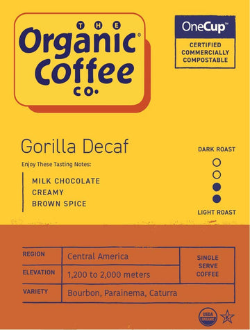 The Organic Coffee Co. Compostable Coffee Pods - Gorilla Decaf (80 Ct) K Cup Compatible Including Keurig 2.0, Medium Roast, Swis