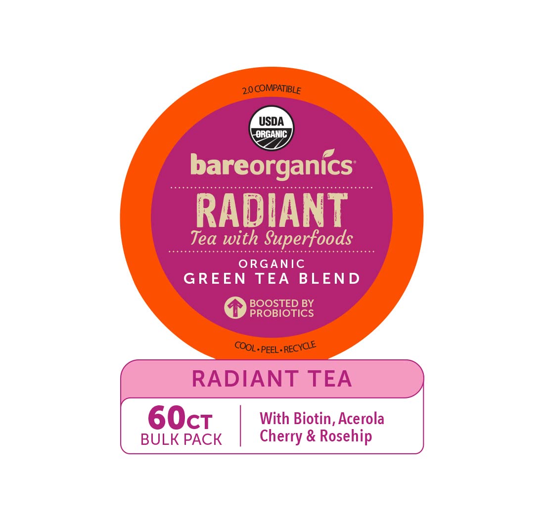 BareOrganics Radiant Tea Withuperfoods & Probiotics | Compatible Tea Pods | USDA Certified Organic Vegan Non-GMO & Recyclable 60ct