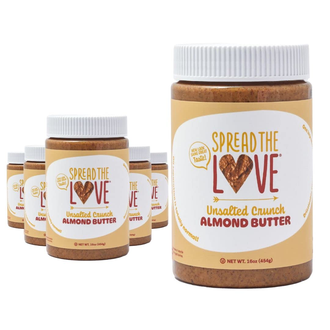 Spread The Love Unsalted Crunch Almond Butter All Natural Vegan Gluten Free Creamy No Added Salt Or Sugar No Palm Fruit Oil Not Pasteurized With Ppo Made In California (6-Pack)