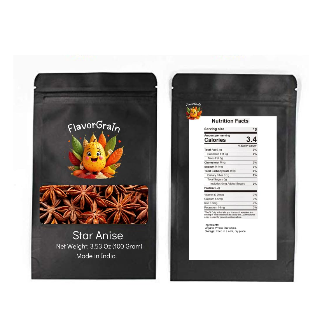 Flavorgrain Star Anise - Whole Chinese Star Anise Pods 100Gm (3.53 Oz) Great For Baking And Tea