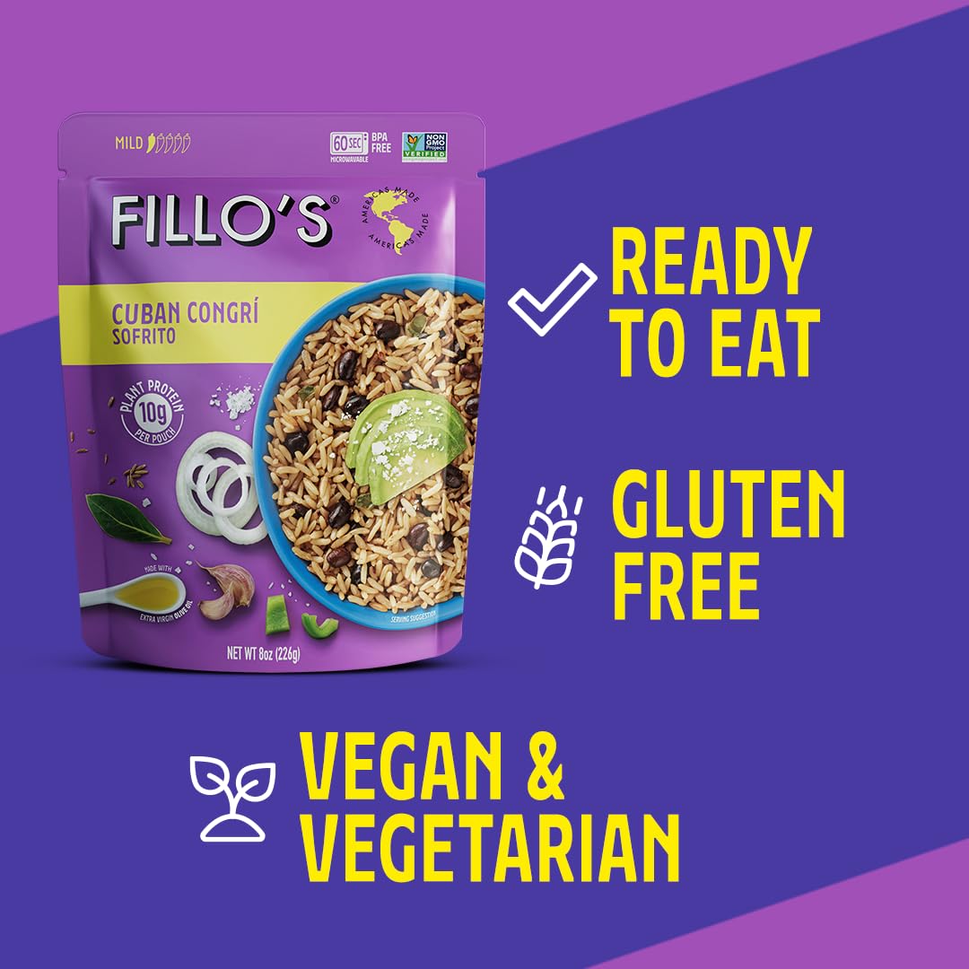 Fillo'S Cuban Congri - Black Beans And Rice, Ready To Eat Rice With Beans, 8 Oz Pk Of 6, Gluten-Free, Preservative-Free, Microwa