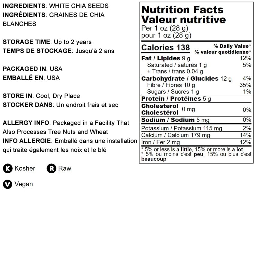 Food To Live - White Chia Seeds, 5 Pounds - Whole, Raw, Kosher, Keto, Sirtfood, Vegan, Bulk. Rich In Omega 3, Omega 6, Fiber, Pr