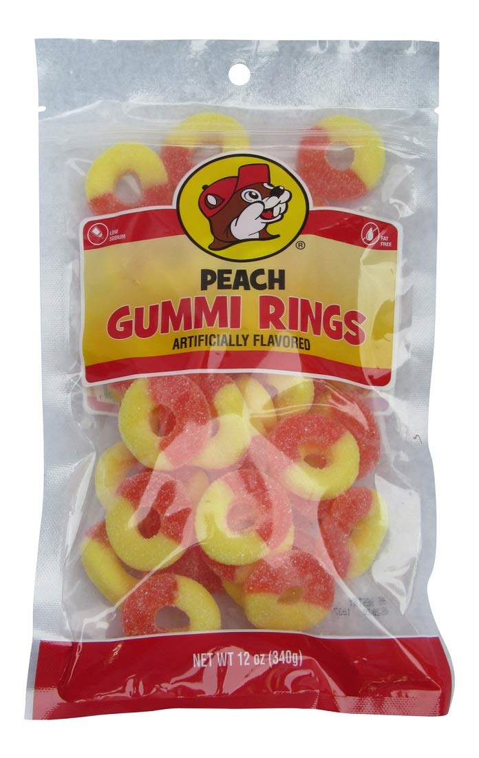 Buc-ees Gummi Rings, Peach Flavor, 12 Ounces, Resealable Bag, Yellow and Orange