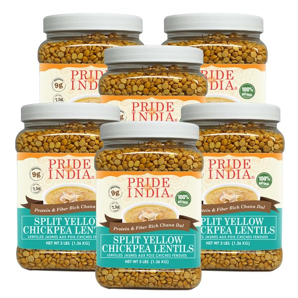 Pride Of India - PACK of 6 - Indian Split Yellow Chickpea Lentils - Protein & Fiber Rich Chana Dal, 3 Pound Jar